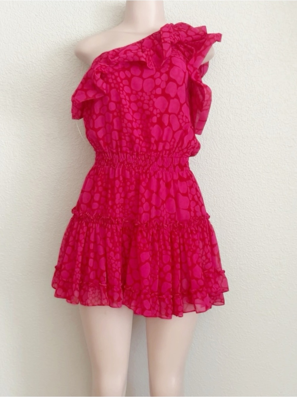 MISA Los Angeles Josephine One-Shoulder Ruffle Mini Dress Hot Pink SZ M